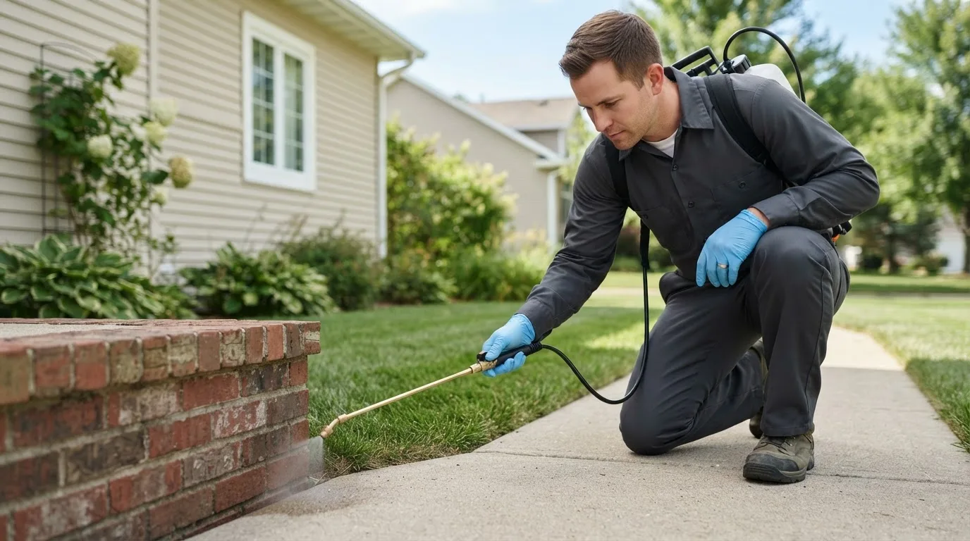 Pest control technician treating a home near Mound City, SD