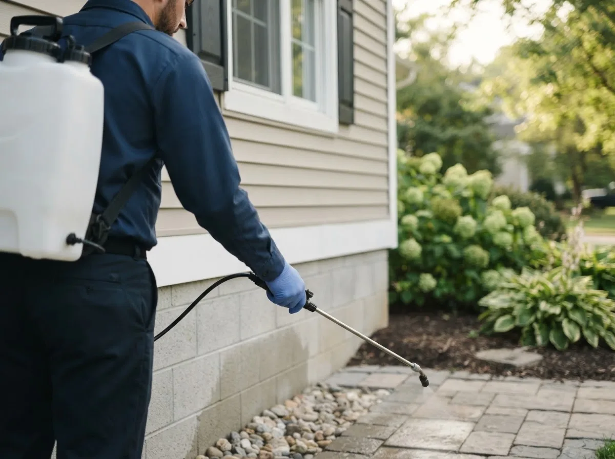 Pest control technician inspecting a home in Mound City, SD
